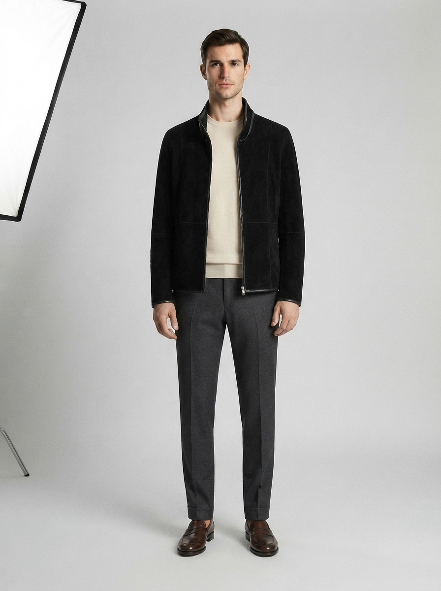 Erkek Siyah Fermuarlı Deri Hisli Ceket