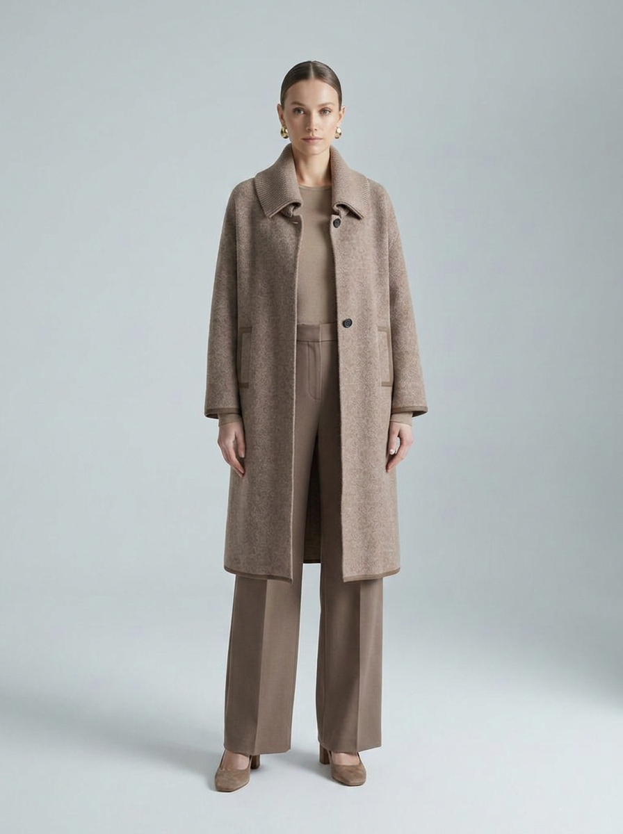 Kadın Taupe Longline Örgü Kaban — Funnel Yaka
