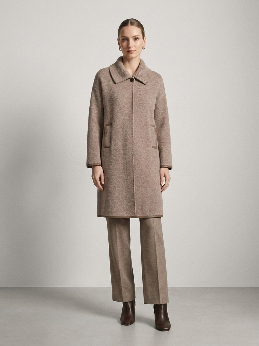 Kadın Taupe Longline Örgü Kaban — Funnel Yaka
