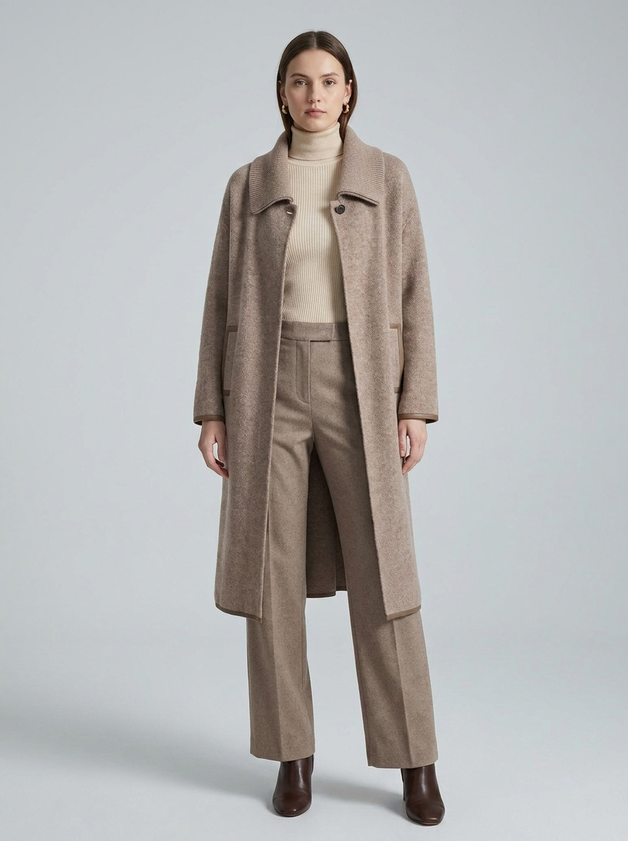 Kadın Taupe Longline Örgü Kaban — Funnel Yaka