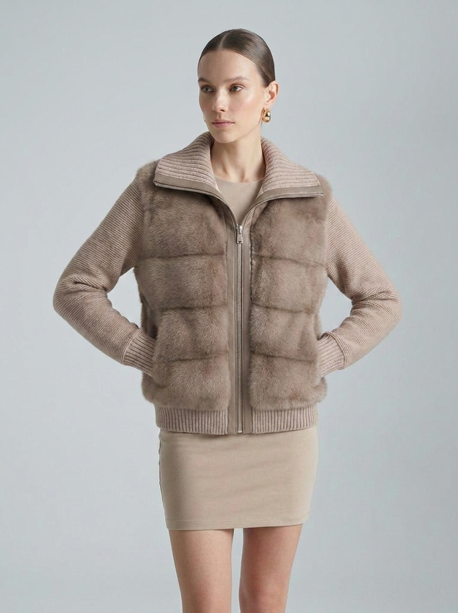 Kadın Taupe Kürk & Örgü Hybrid Ceket
