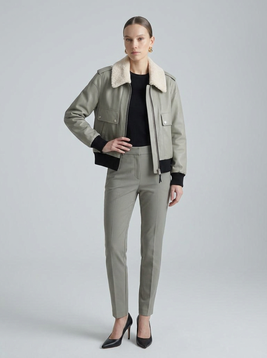 Kadın Adaçayı Aviator Ceket — Shearling Yaka