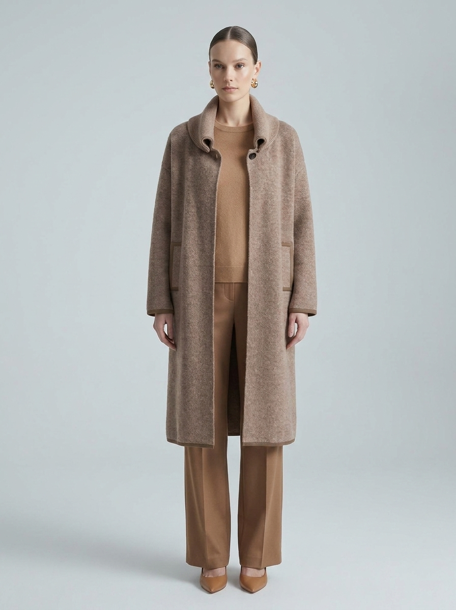 Kadın Taupe Longline Örgü Kaban — Funnel Yaka